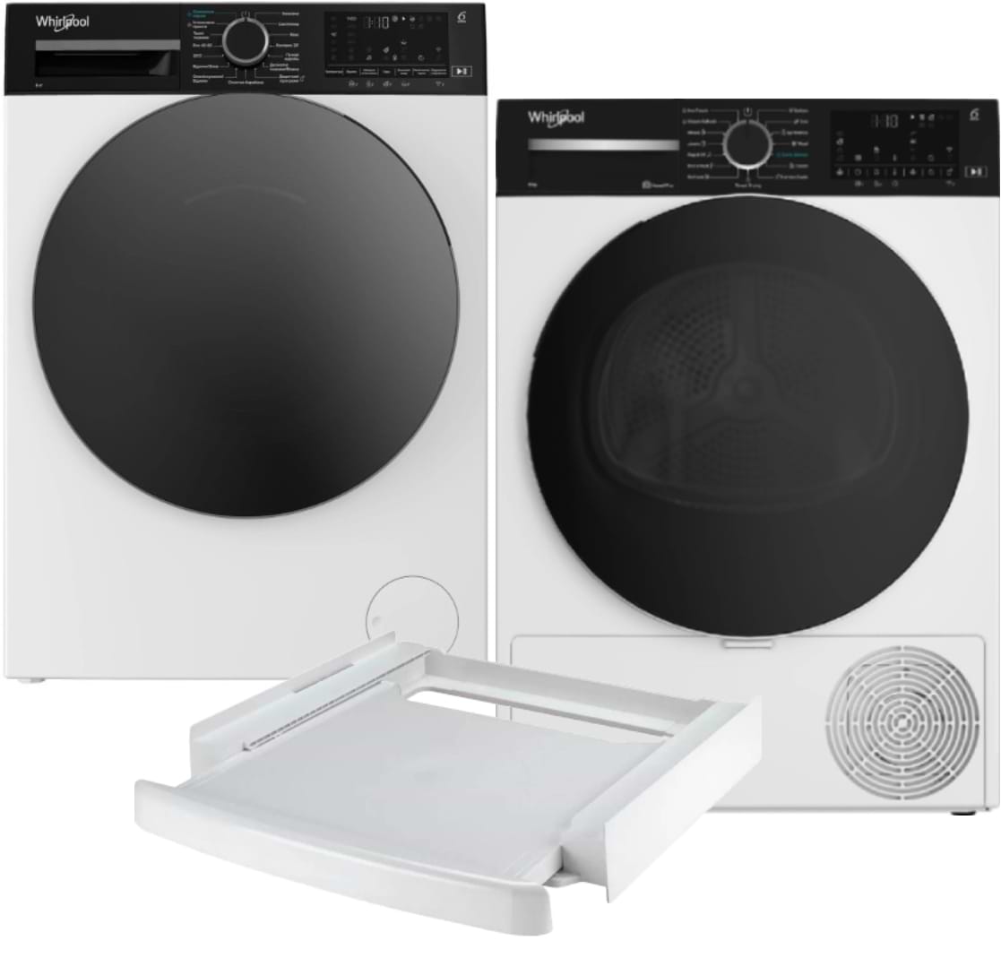Комплект техники Whirlpool Стиральная машина с фронтальной загрузкой + Сушильная машина + Комплект креплений для установки в колонну Whirlpool WAM 87WBC UA + WP B9X WBS UA + SKS101 White